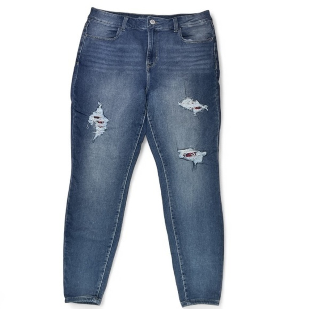 Maurices Classic Blue Distressed Ripped High Rise Plaid Lined Rips Skinny‎ Jeans